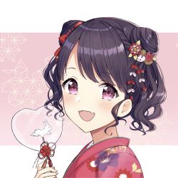 Rule 34 | 1girl, :d, absurdres, black hair, blush, commentary request, fangs, floral print, from side, fukumaru koito, hair ornament, hand up, heart, highres, holding, idolmaster, idolmaster shiny colors, japanese clothes, kimono, looking at viewer, looking to the side, mochiko (uyu omochi), open mouth, pink background, print kimono, red eyes, red kimono, smile, solo, swept bangs, transparent, two-tone background, upper body, white background