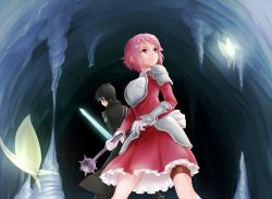 Rule 34 | 10s, 1boy, 1girl, armor, black eyes, black hair, breastplate, bug, cave, coat, dress, ebiblue, gloves, hair ornament, hairclip, insect, kirito, lisbeth (sao), looking back, mace, moth, pink eyes, pink hair, spiked mace, spikes, sword, sword art online, thigh strap, weapon