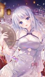Rule 34 | 1girl, absurdres, bare shoulders, black ribbon, blush, branch, breasts, china dress, chinese clothes, cleavage, cleavage cutout, clothing cutout, cloud, commentary request, covered navel, dress, flower, folding fan, grey hair, hair ribbon, hand fan, head tilt, highres, hiiraki asuka, holding, holding fan, long hair, looking at viewer, navel, navel cutout, pleated skirt, purple eyes, ribbon, skirt, sky, solo, sousouman, star (sky), starry sky, twinbox school, very long hair, white flower, white skirt