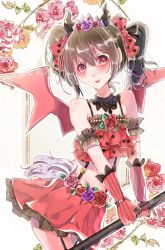 Rule 34 | 1girl, ;p, artist name, artist request, bare shoulders, black choker, black hair, blush, bow, bracelet, breasts, choker, collarbone, curled horns, demon girl, demon horns, demon tail, demon wings, detached collar, dress, earrings, elbow gloves, female focus, flat chest, floral print, flower, flower earrings, flower print, frilled dress, frills, gloves, grey wings, hair between eyes, hair bow, hair flower, hair ornament, hairclip, highres, holding, holding trident, horns, jewelry, long hair, looking at viewer, love live!, love live! school idol festival, love live! school idol project, midriff, miniskirt, navel, one eye closed, parted lips, pearl bracelet, pink flower, pink gloves, pink rose, plaid, plaid skirt, pleated, pleated skirt, polearm, polka dot, polka dot bow, print skirt, purple flower, purple rose, red bow, red eyes, red flower, red rose, red skirt, rose, rose print, short hair, short twintails, sidelocks, skirt, small breasts, smile, solo, striped clothes, striped gloves, tail, takenokodomo, tiara, tongue, tongue out, trident, twintails, vertical-striped clothes, vertical-striped gloves, weapon, white background, wings, yazawa nico