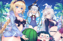 Rule 34 | 3girls, absurdres, ahoge, beach, bikini, black bikini, black gloves, black jacket, blonde hair, blue eyes, blue one-piece swimsuit, blue sky, blush, bow, braid, breasts, capelet, cleavage, cloud, collarbone, commentary request, cropped jacket, day, elbow gloves, fate/grand order, fate (series), food, front-tie top, fruit, fur-trimmed capelet, fur trim, gilles de rais (caster) (fate), gilles de rais (saber) (fate), gloves, green bow, green ribbon, hairband, headpiece, highres, hood, hooded jacket, huge filesize, jacket, jeanne d&#039;arc (fate), jeanne d&#039;arc (ruler) (fate), jeanne d&#039;arc (swimsuit archer) (fate), jeanne d&#039;arc (swimsuit archer) (first ascension) (fate), jeanne d&#039;arc alter (fate), jeanne d&#039;arc alter (swimsuit berserker) (fate), jeanne d&#039;arc alter santa lily (fate), jeanne d&#039;arc alter santa lily (summer little) (fate), large breasts, long braid, long hair, looking at another, looking at viewer, midriff, multiple girls, muragaki (sgxx4878), navel, o-ring, objectification, one-piece swimsuit, outdoors, palm tree, ribbon, sand, side-tie bikini bottom, single braid, sitting, sky, standing, stomach, striped ribbon, suikawari, sunlight, swimsuit, sword, tree, unzipped, very long hair, watermelon, weapon, white capelet, wooden sword, yellow eyes