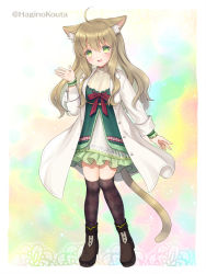Rule 34 | 1girl, :d, ahoge, animal ears, argyle, argyle clothes, argyle legwear, black footwear, boots, brown hair, cat ears, cat girl, cat tail, commission, dress, frilled skirt, frills, full body, green dress, green eyes, hagino kouta, hair between eyes, hand up, high-waist skirt, lab coat, long hair, long sleeves, looking at viewer, open clothes, open mouth, original, over-kneehighs, skeb commission, skirt, smile, solo, standing, tail, thighhighs, twitter username, white skirt