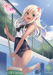 Rule 34 | 1girl, bare arms, bare legs, bare shoulders, black neckerchief, blue eyes, blue sky, blush, broom, cloud, commentary request, crop top, day, empty pool, flower, hair flower, hair ornament, kantai collection, kure (kure ng), long hair, looking at viewer, neckerchief, nontraditional school swimsuit, one-piece swimsuit, one-piece tan, open mouth, outdoors, pool, ro-500 (kancolle), sailor collar, school swimsuit, sky, smile, solo, standing, sunlight, swimsuit, swimsuit under clothes, tan, tanline, white hair