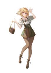 Rule 34 | 1girl, absurdres, bag, blonde hair, blue eyes, collarbone, earrings, frilled shirt, frills, hair ornament, handbag, heart, heart earrings, highres, hololive, hololive english, ijac ray, jewelry, looking at viewer, off-shoulder shirt, off shoulder, official alternate hairstyle, pantyhose, pleated skirt, shirt, short hair, simple background, skirt, solo, suspender skirt, suspenders, virtual youtuber, watson amelia, watson amelia (street casual), white background, white shirt, yellow nails