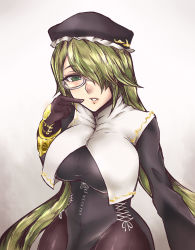 Rule 34 | 1girl, blonde hair, bloodstained: ritual of the night, breasts, coat, dominique baldwin, eyelashes, glasses, gloves, green eyes, hair over one eye, hat, large breasts, lips, long hair, long sleeves, pantyhose, source request