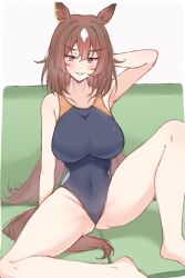 Rule 34 | 1girl, absurdres, alternate costume, animal ears, arm up, armpits, bare shoulders, barefoot, black one-piece swimsuit, brown hair, commentary request, competition swimsuit, couch, ear ornament, grin, hair between eyes, highres, himuraanzu, horse ears, horse girl, horse tail, long hair, looking at viewer, multicolored hair, on couch, one-piece swimsuit, red eyes, simple background, sirius symboli (umamusume), smile, solo, spread legs, streaked hair, swimsuit, tail, textless version, umamusume, very long hair, white background, white hair