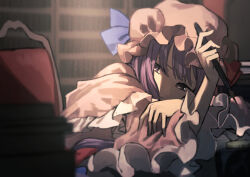 Rule 34 | 1girl, blurry, blurry background, book, book stack, bookshelf, closed mouth, depth of field, frilled sleeves, frills, hand on own arm, hat, head tilt, highres, indoors, library, mob cap, on chair, otoshiro kosame, patchouli knowledge, pink hat, purple eyes, purple hair, solo, touhou, wide sleeves