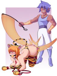 Rule 34 | 1boy, 1girl, all fours, animal ears, ass, ball gag, bdsm, belt, between breasts, breasts, cat ears, cat tail, cleavage, collar, dark skin, gag, gagged, gloves, high heels, highres, jewelry, large breasts, leash, nami (one piece), necklace, one piece, orange hair, panties, purple eyes, purple hair, riding crop, saliva, spanked, spanking, tagme, tail, thighhighs, underwear