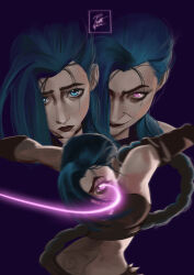 Rule 34 | 1girl, absurdres, arcane: league of legends, arcane jinx, armband, artist name, bare shoulders, blue eyes, blue hair, braid, cloud tattoo, crop top, glowing, glowing eyes, hair over face, highres, jinx (league of legends), league of legends, long hair, looking at viewer, multiple persona, pattenoire, pink eyes, solo, twin braids