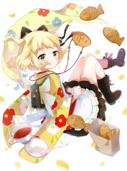 Rule 34 | absurdres, animal ears, apron, blonde hair, boots, cross-laced footwear, cup, floral print, gekka (prima doll), green eyes, hara yui, highres, japanese clothes, kimono, lace-up boots, prima doll, saucer, spoon, teacup