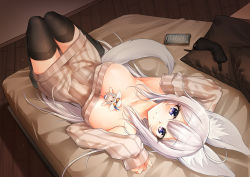 Rule 34 | 1girl, animal ear fluff, animal ears, arms up, black thighhighs, blue eyes, blush, breasts, brown sleeves, brown sweater, cellphone, closed mouth, commentary request, detached sleeves, hair between eyes, knees together feet apart, knees up, large breasts, long hair, long sleeves, looking at viewer, lying, macchiato (jae-min cho), mask, unworn mask, no shoes, off-shoulder sweater, off shoulder, on back, on bed, phone, pillow, silver hair, sleep mask, sleeves past wrists, smile, solo, sweater, tail, thighhighs, very long hair, vrchat