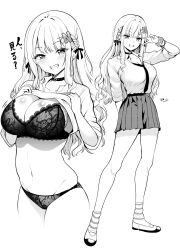 1girl blush bra braid breasts choker cleavage clothes_lift collarbone collared_shirt commentary cropped_legs dress_shirt fang full_body greyscale grin gyaru hair_ornament heart heart_choker highres kogal lace lace_bra lace_panties large_breasts letter_hair_ornament lifting_own_clothes long_hair looking_at_viewer loose_necktie loose_socks mary_janes miniskirt monochrome multiple_views navel necktie original panties pleated_skirt ryopa scrunchie shirt shirt_lift shoes side_braids sidelocks skirt sleeves_rolled_up smile socks stomach striped_clothes striped_socks three-quarter_sleeves translation_request underwear v v_over_eye wrist_scrunchie