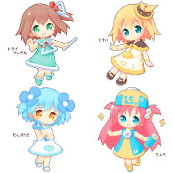 Rule 34 | 4girls, :d, aikei ake, bare arms, bare shoulders, battery, black capelet, black footwear, blonde hair, blue dress, blue eyes, blue flower, blue hair, blush, boots, brown eyes, brown footwear, brown hair, brown headwear, capelet, chibi, closed mouth, collared dress, commentary request, dress, flower, green dress, green eyes, green footwear, hair between eyes, hair flower, hair ornament, hair ribbon, hand fan, hat, highres, holding, holding fan, holding flower, instrument, lightning bolt symbol, long hair, looking at viewer, mary janes, multiple girls, one side up, open mouth, original, outstretched arms, personification, pink hair, red ribbon, ribbon, roman numeral, sandals, shoes, simple background, sleeveless, sleeveless dress, smile, standing, standing on one leg, translated, triangle (instrument), two side up, very long hair, white background, white dress, white footwear