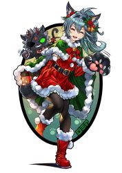 Rule 34 | 1girl, animal ears, animal hands, bell, belt, black belt, black hairband, black pantyhose, blue hair, boots, bow, cape, cat ears, christmas, closed eyes, commentary, dress, facing viewer, flower, fur-trimmed cape, fur-trimmed dress, fur trim, gift, gloves, green cape, hair bell, hair flower, hair ornament, hairband, highres, holding, holding behind back, holding gift, holly, itou youichi, jingle bell, leaning forward, leg up, long hair, long sleeves, motion lines, neck bell, open mouth, pantyhose, paw gloves, paw print, ponytail, puzzle &amp; dragons, red bow, red dress, red footwear, romia (p&amp;d), santa boots, santa dress, smile, solo, standing, standing on one leg, white background, zuoh (p&amp;d)