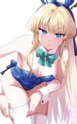 Rule 34 | 1girl, animal ears, bare shoulders, blonde hair, blue archive, blue eyes, blue leotard, blunt bangs, bow, bowtie, breasts, cleavage, cowboy shot, detached collar, earrings, fake animal ears, fake tail, green bow, green bowtie, groin, halo, highres, jewelry, leaning forward, leotard, long hair, looking at viewer, medium breasts, open mouth, parted lips, playboy bunny, rabbit ears, rabbit tail, run p (aveton), simple background, solo, strapless, strapless leotard, tail, thighhighs, thighs, toki (blue archive), toki (bunny) (blue archive), white background, white thighhighs, wrist cuffs