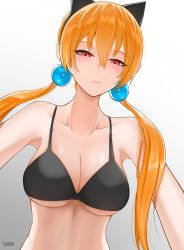 Rule 34 | 1girl, absurdres, alisa southerncross, animal ears, blush, breasts, cat ears, cleavage, collarbone, fake animal ears, gradient background, hair bobbles, hair ornament, highres, keroro gunsou, large breasts, lazier, lips, long hair, looking at viewer, nipples, orange hair, red eyes, solo, twintails, upper body