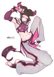 Rule 34 | 1girl, abs, arm up, armpits, bad id, bad pixiv id, barefoot, black hair, double bun, drill hair, dudou, elbow gloves, fingerless gloves, fishine, gloves, halterneck, halterneck, han juri, midriff, muscular, navel, pink eyes, solo, street fighter, street fighter iv (series), toeless legwear, toes, toned, twin drills