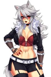 Rule 34 | 1girl, abs, animal ears, belt, breasts, cleavage, cowboy shot, crescentia fortuna, deathblight, deathblight rpg, ferania (deathblight), fingerless gloves, fingernails, game cg, gloves, hand on own hip, jacket, large breasts, lips, lipstick, long fingernails, long hair, looking at viewer, lowres, makeup, midriff, miniskirt, nail polish, navel, red eyes, side slit, skirt, solo, standing, tail, tank top, thighhighs, white hair, wolf girl, zettai ryouiki, zipper
