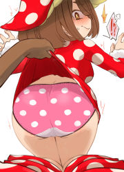 Rule 34 | !?, 1girl, absurdres, ass, bad id, bad pixiv id, blush, boku no hero academia, boots, brown eyes, brown hair, closed mouth, clothes lift, commentary request, crotch seam, disembodied hand, dress, dress lift, foreshortening, from behind, hat, highres, kneeling, komori kinoko, lace, lace-trimmed panties, lace trim, leaning forward, lifting another&#039;s clothes, long sleeves, looking at viewer, looking back, mushroom hat, ogihara mach, panties, pink panties, polka dot, polka dot dress, polka dot footwear, polka dot headwear, polka dot panties, pov, red footwear, red headwear, short dress, short hair, spoken interrobang, surprised, sweatdrop, underwear, white background