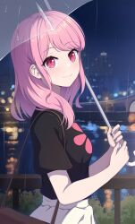 Rule 34 | 1girl, absurdres, bang dream!, black shirt, blurry, blush, bokeh, breasts, brown bag, depth of field, highres, holding, holding umbrella, jihi, lake, looking at viewer, looking to the side, maruyama aya, night, night sky, outdoors, pink hair, railing, red eyes, shirt, skirt, sky, small breasts, smile, solo, transparent, transparent umbrella, umbrella, white skirt