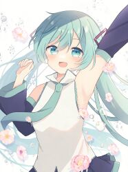 Rule 34 | 1girl, absurdres, arm up, armpits, blue eyes, blue hair, blush, collared shirt, commentary, detached sleeves, flower, hair ornament, hand up, hatsune miku, highres, long hair, long sleeves, looking at viewer, miku day, necktie, open mouth, shirt, skirt, sleeveless, sleeveless shirt, smile, solo, twintails, upper body, very long hair, vocaloid, water drop, yomiya yumeha