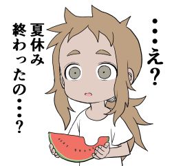Rule 34 | 1girl, brown hair, commentary request, fingernails, food, forehead, fruit, grey eyes, hair tie, hibino mina, highres, holding, holding food, karakai jouzu no takagi-san, long hair, looking away, low ponytail, official art, parted lips, ponytail, shirt, short sleeves, simple background, solo, tan, thick eyebrows, upper body, watermelon, white background, white shirt, yamamoto souichirou