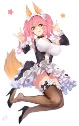 Rule 34 | 10s, 1girl, :p, \n/, absurdres, black panties, black skirt, blush, bridal garter, brown thighhighs, double \n/, elbow gloves, enosan, fate/extra, fate (series), female focus, fox shadow puppet, frilled skirt, frills, full body, gloves, high-waist skirt, high heels, highres, jumping, long hair, looking at viewer, maid headdress, official alternate costume, panties, pink hair, pumps, simple background, skirt, solo, stiletto heels, tamamo (fate), tamamo no mae (fate/extra), tamamo no mae (tailmaid strike) (fate), thighhighs, tongue, tongue out, underwear, upskirt, white background, yellow eyes