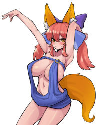 Rule 34 | 1girl, animal ears, armpits, arms up, bare arms, blush, breasts, closed mouth, collarbone, cowboy shot, donburi (donburikazoku), fate/grand order, fate (series), fox ears, fox tail, hair between eyes, large breasts, long hair, looking at viewer, navel, pink hair, revealing clothes, simple background, smile, solo, tail, tamamo (fate), thighhighs, twintails, white background, yellow eyes