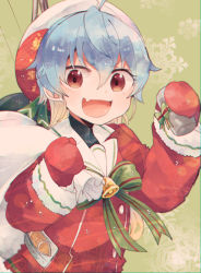 Rule 34 | 1girl, bag, bell, blue hair, chromatic aberration, coat, itomugi-kun, kantai collection, long sleeves, looking at viewer, mittens, multicolored hair, open mouth, red coat, red eyes, red mittens, sado (kancolle), santa costume, short hair, smile, snowflakes, solo