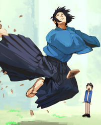 Rule 34 | 2boys, :o, bad id, bad pixiv id, black hair, blue hakama, character request, copyright request, ema, flying kick, full body, hakama, hakama skirt, jacket, japanese clothes, jumping, kicking, long sleeves, male focus, multiple boys, open clothes, open jacket, open mouth, sandals, skirt, standing, t k g, toes, wide-eyed, wide sleeves