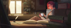 Rule 34 | 1girl, absurdres, ange katrina, bed, blue eyes, book, book stack, bookshelf, cable, closed mouth, crossed legs, curtains, doll, dress shirt, glasses, hair ornament, hairclip, handheld game console, highres, holding, holding handheld game console, indoors, inkwell, inui toko, jar, lize helesta, long sleeves, map, nijisanji, nintendo switch, open book, pacifier, pillow, playing games, quill, red hair, rouzato, scroll, shirt, short hair, short ponytail, sitting, smile, solo, sweater vest, tissue box, virtual youtuber, window