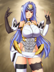 Rule 34 | 00s, 1girl, ameoto, android, armor, bare shoulders, blue hair, breasts, elbow gloves, fingerless gloves, gloves, highres, hip focus, kos-mos, large breasts, legs, long hair, looking at viewer, red eyes, simple background, solo, standing, thighs, xeno (series), xenosaga