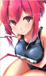 Rule 34 | 1girl, black one-piece swimsuit, breasts, collarbone, hair ribbon, i-168 (kancolle), kantai collection, large breasts, long hair, looking at viewer, name tag, one-piece swimsuit, ponytail, red eyes, red hair, ribbon, school swimsuit, simple background, sitting, solo, swimsuit, unomi, white background