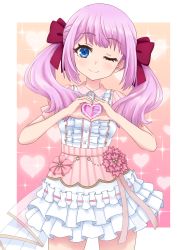 Rule 34 | 1girl, ;), absurdres, assault lily, blue eyes, border, bow, buttons, center frills, closed mouth, collared dress, commentary, cowboy shot, dress, dress flower, flower, frilled dress, frills, funoki, gradient background, hair bow, hands up, heart, heart background, heart hands, highres, light blush, long hair, looking at viewer, official alternate costume, one eye closed, orange background, outside border, pink background, pink flower, pink hair, puffy short sleeves, puffy sleeves, red bow, sadamori himeka, short dress, short sleeves, smile, solo, sparkle, sparkle background, standing, twintails, white border