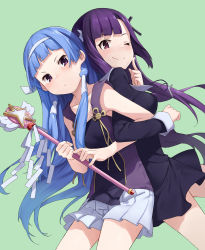 Rule 34 | 2girls, absurdres, back-to-back, blue hair, chinese commentary, commentary, commentary request, cross, cross hair ornament, cross necklace, green background, hair ornament, hair tubes, highres, jewelry, kannagi, lkqyan, long hair, looking at viewer, multiple girls, nagi, necklace, nun, purple eyes, purple hair, siblings, sign, simple background, sisters, wand, zange