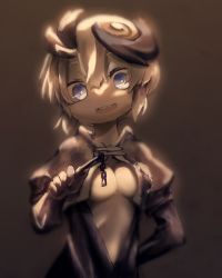 Rule 34 | 1girl, arm behind back, black hair, blonde hair, blue eyes, breasts, brown background, center opening, chain, cleavage, curly hair, elbow gloves, gloves, hand up, highres, holding, jacket, looking at viewer, made in abyss, marudoll, medium breasts, multicolored hair, open clothes, open jacket, open mouth, puffy short sleeves, puffy sleeves, short hair, short sleeves, sidelocks, simple background, smile, solo, streaked hair, teeth, tepaste, upper body, upper teeth only