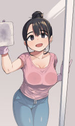 Rule 34 | 1girl, :d, against glass, black hair, blouse, blue pants, blunt bangs, breast press, breasts, cleaning, cleaning windows, cleavage, collarbone, geso smith, gloves, grey background, hair between eyes, hair bun, highres, large breasts, leaning forward, looking at viewer, mole, mole under mouth, open mouth, original, pants, parted bangs, pink shirt, rubber gloves, shirt, short sleeves, single hair bun, sliding doors, smile, solo, tareme, thick eyebrows, window