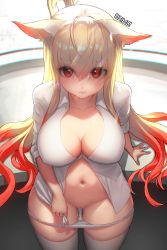Rule 34 | 1girl, absurdres, animal ears, blonde hair, breasts, chromatic aberration, cleavage, closed mouth, commission, cum, cumdrip, cumdrip onto panties, dungeon and fighter, egk513, ellin meiji, eyes visible through hair, hair between eyes, highres, huge filesize, large breasts, long hair, looking at viewer, multicolored hair, navel, panties, panty pull, pussy, pussy juice, red eyes, red hair, shirt, solo, thighhighs, two-tone hair, underwear, white panties, white shirt, white thighhighs