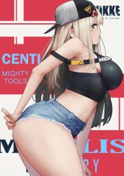 Rule 34 | 1girl, absurdres, ass, bare shoulders, black shirt, black tank top, blonde hair, blue eyes, blush, breasts, centi (nikke), centi (supreme holiday) (nikke), character name, curvy, denim, denim shorts, gloomyowl, goddess of victory: nikke, hat, highres, large breasts, long hair, looking at viewer, midriff, off shoulder, pants, shirt, short shorts, shorts, solo, standing, tank top, thick thighs, thighs, tight clothes, tight pants