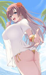 Rule 34 | 1girl, artist request, ass, blue eyes, blush, breasts, brown hair, earrings, fate/grand order, fate (series), flower, flower on head, highres, jewelry, large breasts, leaf, long hair, looking at viewer, mata hari (fate), nail polish, open mouth, shirt, solo, swimsuit, t-shirt, thighs, tree