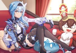 Rule 34 | absurdres, arm support, baron bunny (genshin impact), black footwear, black gloves, black hairband, blue hair, boots, breasts, chest harness, closed mouth, couch, crossed legs, eula (genshin impact), genshin impact, gloves, hair ornament, hairband, hand on own knee, harness, high-waist shorts, high heel boots, high heels, highres, indoors, long sleeves, looking at viewer, medium breasts, medium hair, on couch, pillow, reclining, red curtains, shorts, shuazir, sidelocks, sitting sideways, slime (genshin impact), stuffed toy, thigh boots, white sleeves, wide sleeves, window, yellow eyes