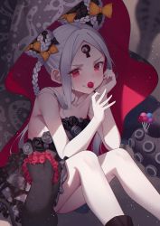 Rule 34 | 1girl, abigail williams (fate), abigail williams (tour outfit) (fate), black dress, blush, bow, braid, candy, clenched teeth, collarbone, commentary request, dress, fate/grand order, fate (series), food, forehead, hair bow, highres, holding, holding candy, holding food, holding lollipop, keyhole, legs, lollipop, looking at viewer, official alternate costume, orange bow, pale skin, red eyes, sitting, smile, solo, teeth, white hair, yukiyama momo