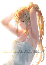 Rule 34 | 1girl, adjusting hair, armpits, arms up, baraba baba, blonde hair, blue eyes, closed mouth, copyright name, earrings, eyelashes, fullmetal alchemist, hand on own head, jewelry, long hair, ponytail, sidelocks, simple background, sleeveless, solo, upper body, white background, winry rockbell