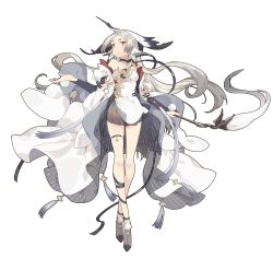 Rule 34 | 1girl, animal ears, bird, breasts, crane (animal), dress, full body, highres, holding, holding staff, ibex, long legs, red eyes, silver hair, small breasts, solo, staff, thigh strap, white background, white dress