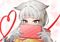 Rule 34 | 1girl, animal ear fluff, animal ears, blush, box, brown eyes, brown jumpsuit, commentary, covered mouth, ears down, english commentary, eteko (eteco30), gift, gift box, gloves, grey gloves, grey hair, hands up, heart, holding, holding gift, jumpsuit, long sleeves, looking at viewer, nia (xenoblade), sleeves past wrists, solo, upper body, xenoblade chronicles (series), xenoblade chronicles 2