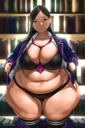 Rule 34 | 1girl, bad id, bad twitter id, between breasts, black eyes, black hair, breasts, cleavage, highres, large breasts, library, long hair, looking at viewer, navel, necktie, open clothes, original, plump, school uniform, smile, solo, thick thighs, thighhighs, thighs, toroboro, wide hips