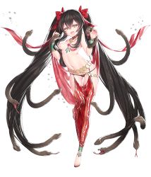 Rule 34 | 1girl, absurdly long hair, absurdres, black hair, blush, bow, bracer, breasts, brown eyes, choker, clothing cutout, cosplay, fang, full body, gem, girls&#039; frontline, gluteal fold, groin, hair between eyes, hair bow, hair censor, hair ribbon, harem pants, headpiece, highres, ia (ias1010), jade (stone), jewelry, leg up, long hair, looking at viewer, medium breasts, navel, necklace, open mouth, pants, red bow, red gemstone, red ribbon, ribbon, shiny skin, side cutout, simple background, skindentation, slit pupils, small breasts, smile, snake, snake hair, solo, sparkle, stomach, tail, topless, transparent background, twintails, type 97 (girls&#039; frontline), very long hair, white background