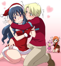 Rule 34 | 00s, 1boy, 2girls, angry, barefoot, blonde hair, blue eyes, blue hair, blush, blush stickers, chako (mujin wakusei survive), christmas, clenched teeth, dress, embarrassed, furry, gloves, green eyes, hat, howard (mujin wakusei survive), hug, imminent kiss, kneeling, kuroo (project apricot), long hair, luna (mujin wakusei survive), menori, menori visconti, mujin wakusei survive, multiple girls, orange hair, purple eyes, raglan sleeves, red eyes, red gloves, santa costume, santa hat, short dress, skirt, smile, sparkle, staring, teeth, translation request