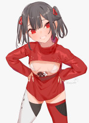 Rule 34 | 1girl, absurdres, bag, beijuu, beni-chan (beijuu), bikini, bikini top only, black hair, breast cutout, breasts, chocolate, cowboy shot, grin, hair ornament, hands on own hips, highres, leaning forward, long sleeves, looking at viewer, original, plastic bag, red eyes, red thighhighs, short hair, simple background, small breasts, smile, solo, swimsuit, thighhighs, white background, white bikini, white thighhighs