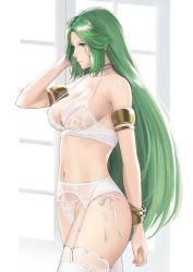 Rule 34 | 1girl, arm behind head, armlet, bare shoulders, bra, bracelet, breasts, choker, cleavage, closed mouth, commentary, english commentary, female focus, garter belt, garter straps, green eyes, green hair, j@ck, jewelry, kid icarus, kid icarus uprising, lace, lace-trimmed legwear, lace bra, lace trim, large breasts, lingerie, long hair, matching hair/eyes, navel, nintendo, paid reward available, palutena, panties, parted bangs, see-through, side-tie panties, sideboob, solo, standing, strap gap, thighhighs, thighs, underwear, very long hair, white bra, white panties, white thighhighs, window